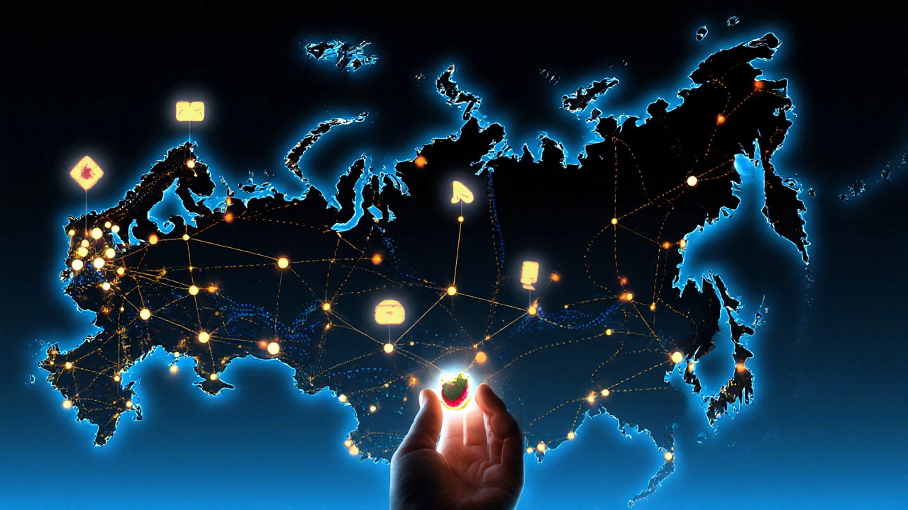 Карта России с точками малого бизнеса, соединёнными светящимися линиями цифровых платформ.