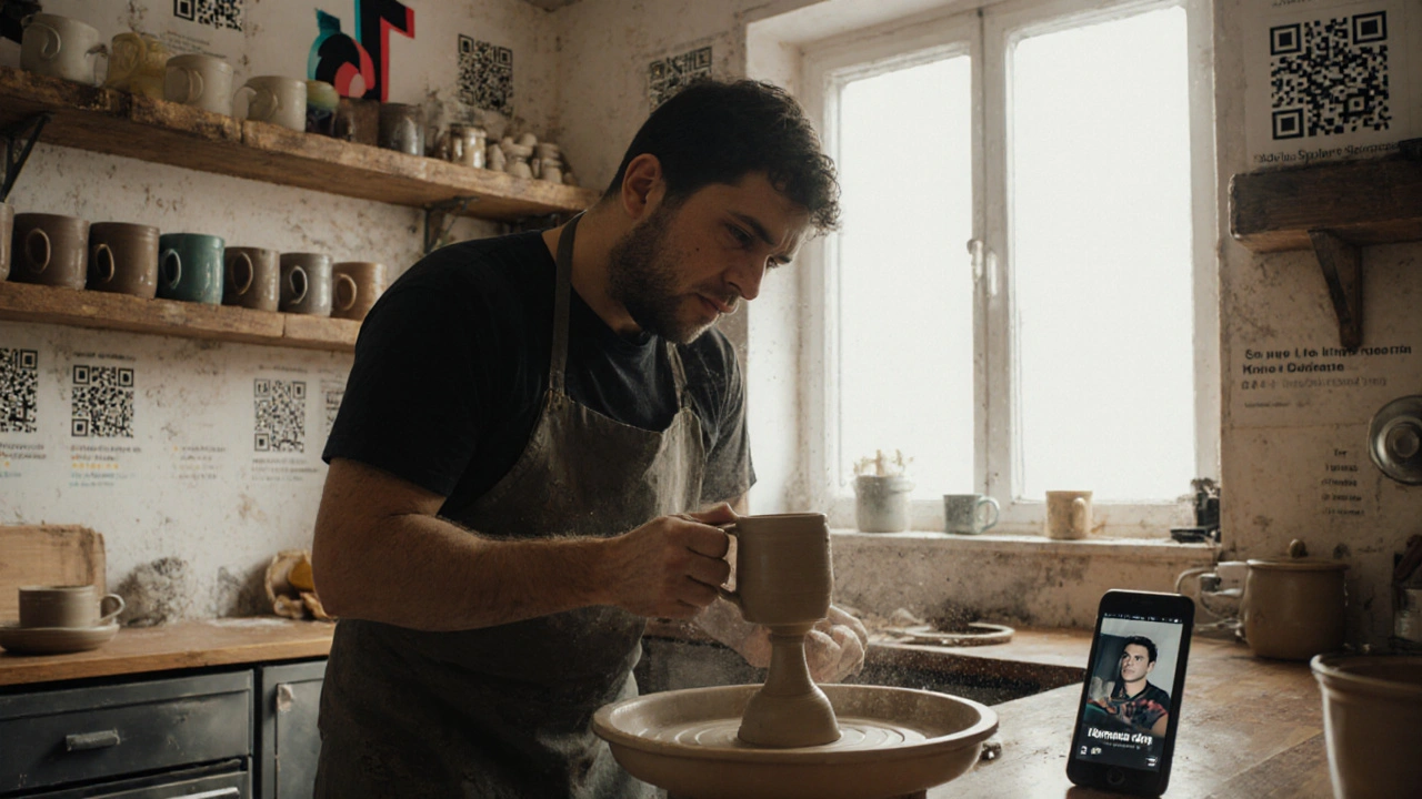 Мужчина лепит керамическую кружку на гончарном круге в уютной кухне.