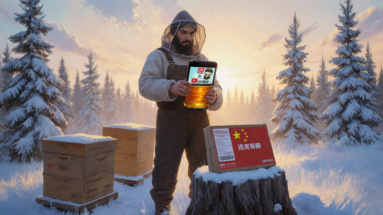 Пчеловод в Сибири держит мед, на телефоне — видео на китайском с тысячами просмотров.