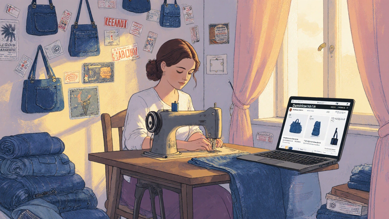 Швея шьет сумки из джинсов в своей квартире, на стене — ярлыки с доставкой в 12 стран.